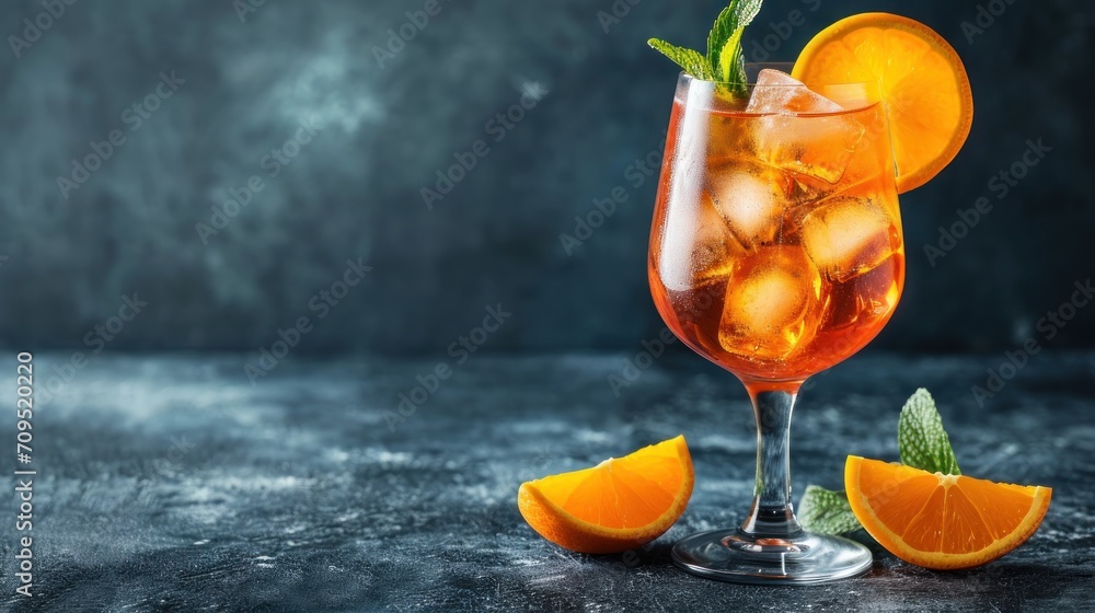  a close up of a drink in a glass with ice and orange slices on a table with a dark background. - obrazy, fototapety, plakaty 