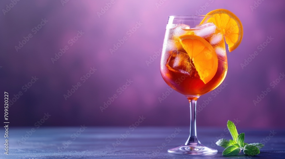  a close up of a drink in a wine glass with a slice of orange on the rim of the glass.