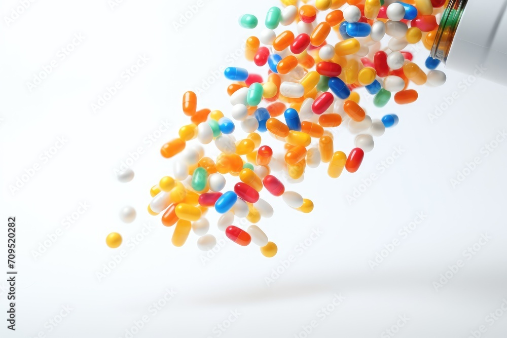 Tablets and capsules come in different colours, shapes and sizes and have a white background. Tablets and capsules come in different colours, shapes and sizes and have a white background.