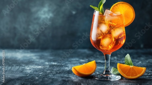  a close up of a drink in a glass with ice and orange slices on a table with a dark background. photo