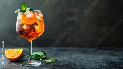  a close up of a drink in a wine glass with an orange slice and basil on the side of the glass.