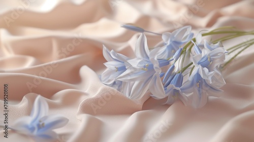  a bouquet of blue flowers sitting on top of a white bed sheet with ruffles on top of it.