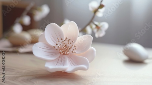  a white flower sitting on top of a wooden table next to a white egg on top of a wooden table.