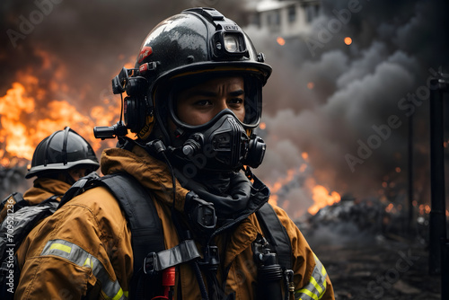 A portrait of a firefighter with a dramatic background
