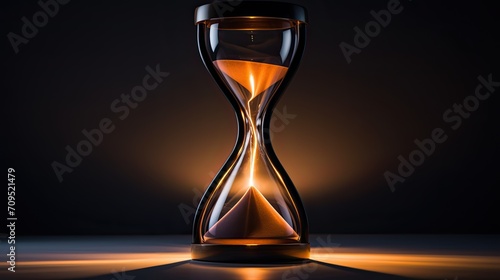 Illuminated Hourglass on Dark Background, Time Slipping Away. photo