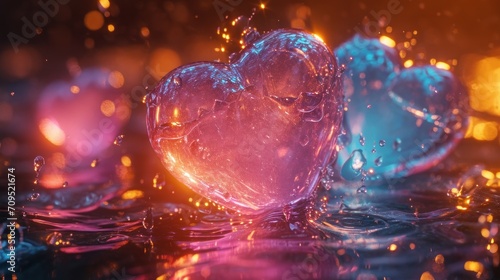  a heart shaped object floating on top of a body of water with drops of water on the side of it.