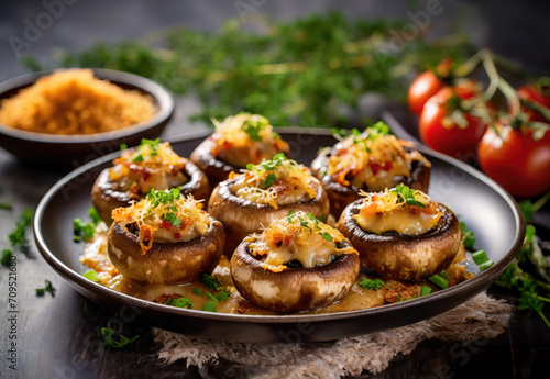 Delicious stuffed mushrooms with cheese served on a black plate. photo