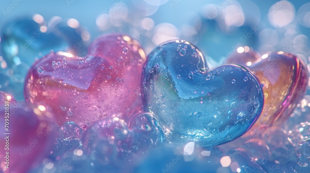a close up of two heart shaped soaps on a blue and pink surface with water droplets on the surface. a close up of two heart shaped soaps on a blue and pink surface with water droplets on the surface.