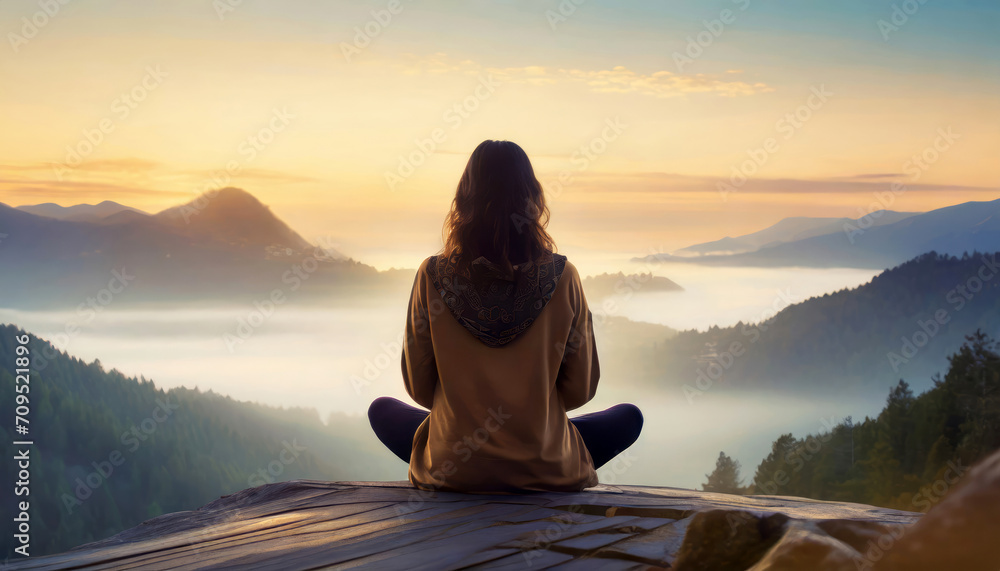 Facing back young woman practicing meditation or yoga, sitting on a rock over the mountain with beautiful lake view at sunrise or sunset. - obrazy, fototapety, plakaty 