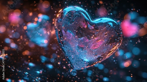  a close up of a heart shaped object in the air with a blurry background of blue and pink lights.
