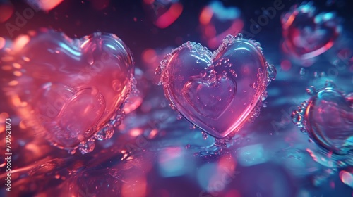  a couple of glass hearts sitting next to each other on top of a blue and pink surface with bubbles around them. photo