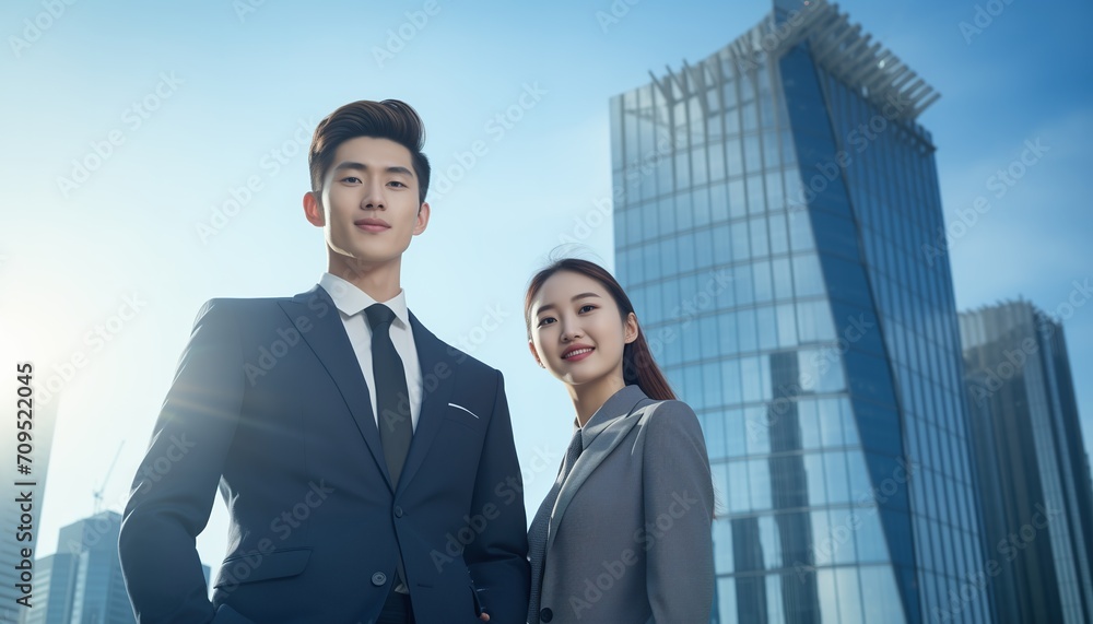 young adult man and woman in suits standing in front of a skyscraper young adult man and woman in suits standing in front of a skyscraper
