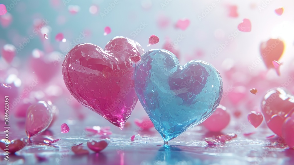  two heart shaped candies sitting next to each other on a blue and pink surface with confetti around them.