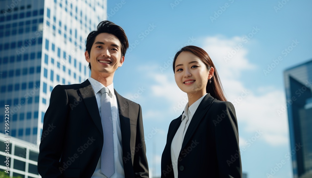 young adult man and woman in suits standing in front of a skyscraper young adult man and woman in suits standing in front of a skyscraper