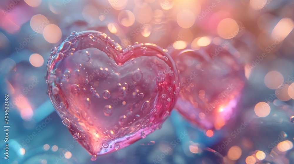 a close up of a pink heart shaped object with water droplets on the surface of the image and blurry lights in the background. a close up of a pink heart shaped object with water droplets on the surface of the image and blurry lights in the background.