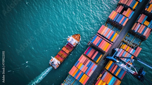 Aerial top view container cargo ship in import export business commercial trade logistic and transportation of international by container cargo ship in the open sea, Container cargo freight shipping photo