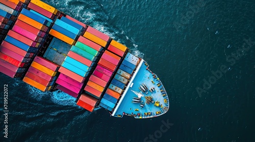 Aerial top view container cargo ship in import export business commercial trade logistic and transportation of international by container cargo ship in the open sea, Container cargo freight shipping photo