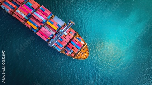 Aerial top view container cargo ship in import export business commercial trade logistic and transportation of international by container cargo ship in the open sea, Container cargo freight shipping