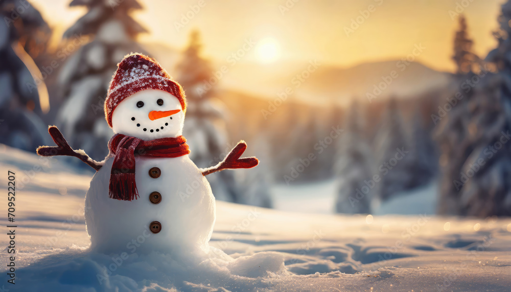 Obraz premium Cute snowman with wool hat and scarf on a snowy snowscape illuminated with sunset.