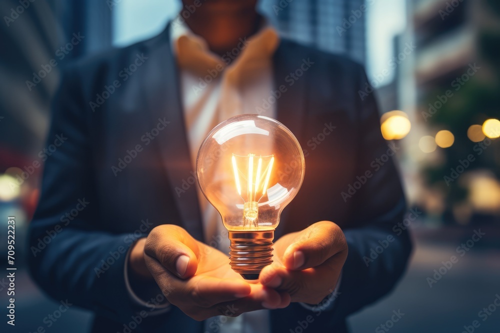 Inspirational thoughts Human hand holds a light bulb for lighting. Ideas for creativity and inspiration for sustainable business development and success generative by ai - obrazy, fototapety, plakaty 