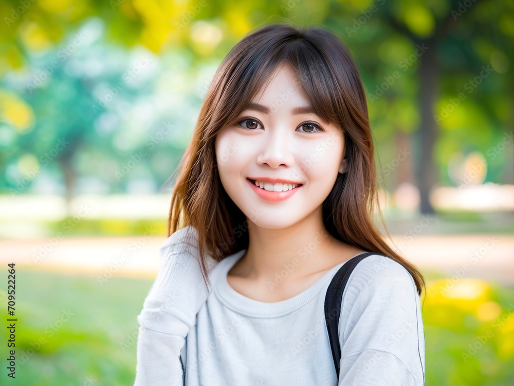 Young Asian woman smiling happily, Copyscape, blurred park background