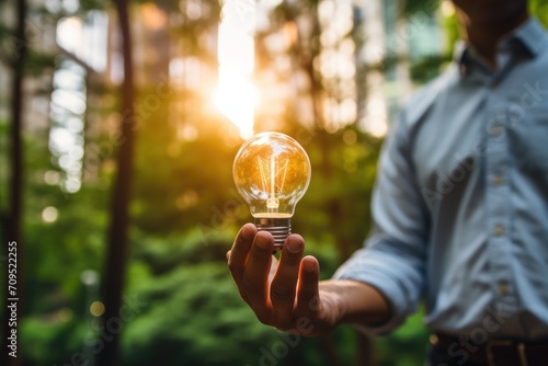 Inspirational thoughts Human hand holds a light bulb for lighting. Ideas for creativity and inspiration for sustainable business development and success generative by ai