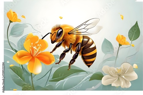 World Bee Day May 20 Vector illustration of bee and flower. Close up of a large striped bee collecting pollen on a yellow flower. Summer and spring backgrounds. Bee for poster, banner and social media