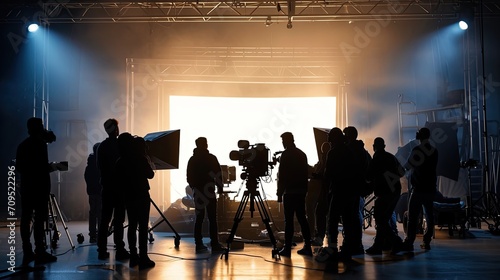 Behind the shooting production crew team and silhouette of camera and equipment in studio. photo