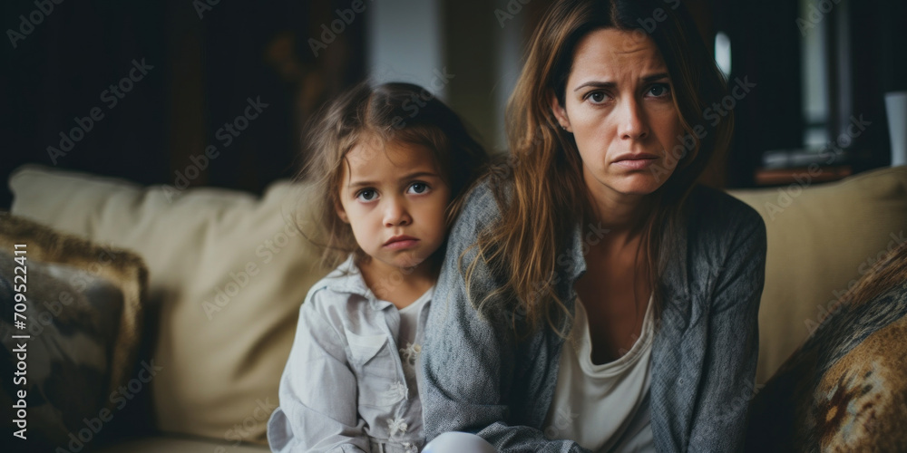 Obraz premium A mother and her young daughter sit on a couch with worried expressions, possibly watching a concerning news broadcast.