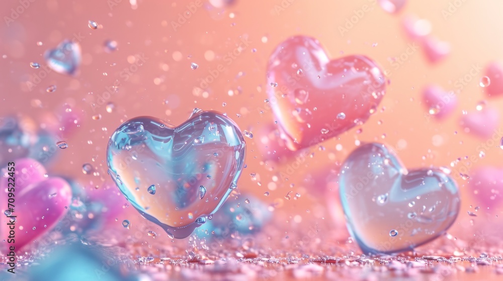  a group of hearts floating in the air on a pink and blue background with drops of water on the ground.