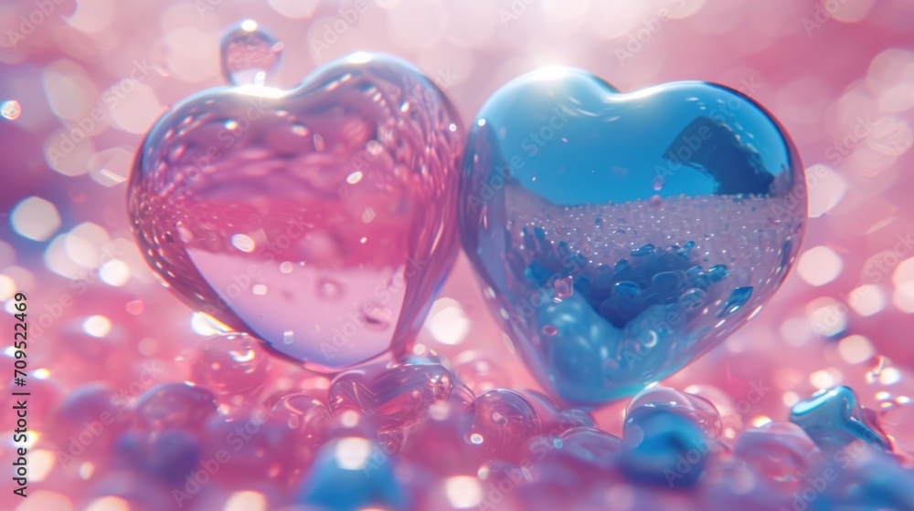 a close up of two heart shaped soaps on a pink and blue surface with water droplets on the surface. a close up of two heart shaped soaps on a pink and blue surface with water droplets on the surface.