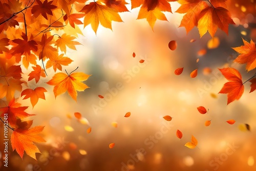 Branch of bright autumn maple foliage, Autumn weather. Panorama. Orange leaves on a blurred background. Autumn leaf frame template. Autumn leaves swirl in the sunlight. Warm colors of autumn