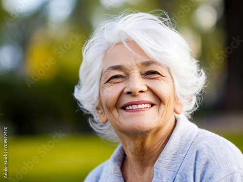The old woman smiled happily. Take care of your mental health. In a public park. copyscap