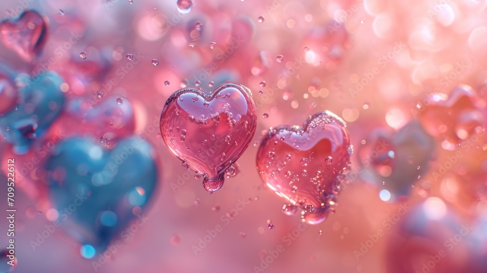 a couple of hearts sitting on top of a window sill covered in drops of water on a pink and blue background. a couple of hearts sitting on top of a window sill covered in drops of water on a pink and blue background.