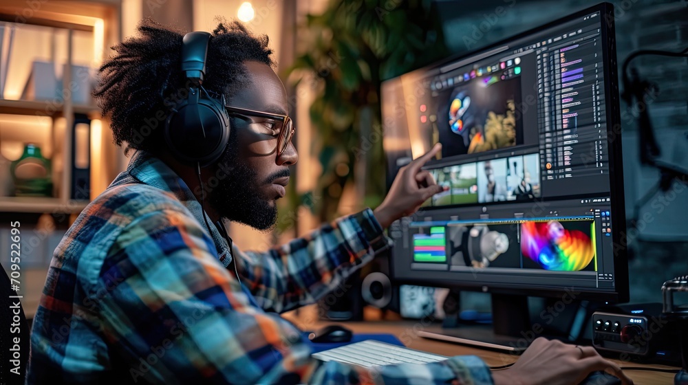 Film maker pointing at the monitor in home office while working on post production for a movie. Video editor wearing headphones. Film maker pointing at the monitor in home office while working on post production for a movie. Video editor wearing headphones.