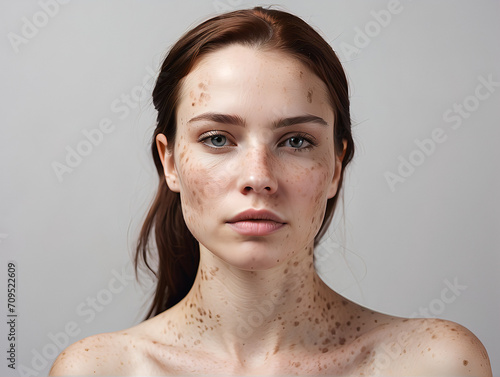 portrait of women's face and body from illness, mosquito bites, roseola, rubella, measles | red dot on the skin |skin rashes photo