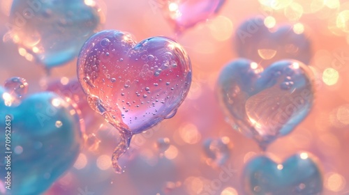 a group of heart shaped bubbles floating on top of a blue and pink liquid filled air filled with drops of water.