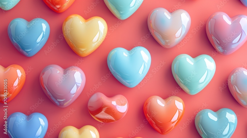  a group of heart shaped candies sitting on top of a pink surface with blue, yellow, orange, and pink colors.