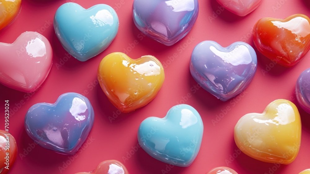  a group of heart shaped candies sitting on top of a pink surface with lots of different colored candies.