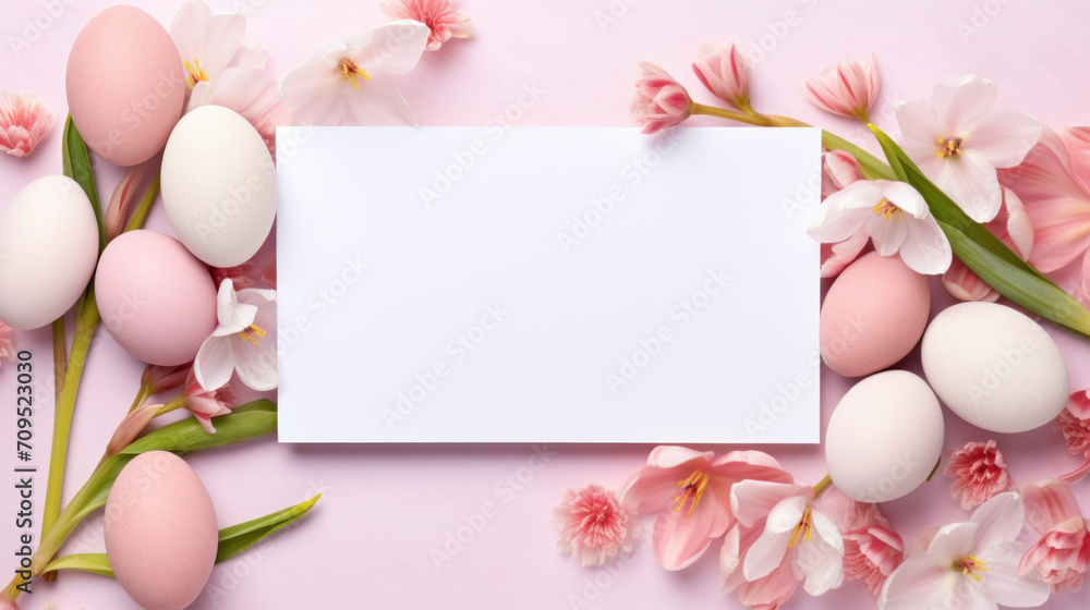 A vibrant Easter flat lay featuring pastel eggs nestled among pink tulips on a soft pink background with copyspace.