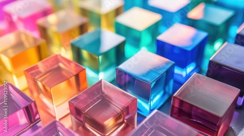 a group of multicolored cubes sitting next to each other on top of a sheet of white paper.