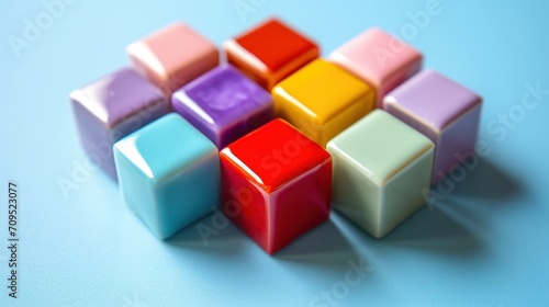  a group of multicolored cubes sitting on top of each other on a light blue surface in front of a blue background.