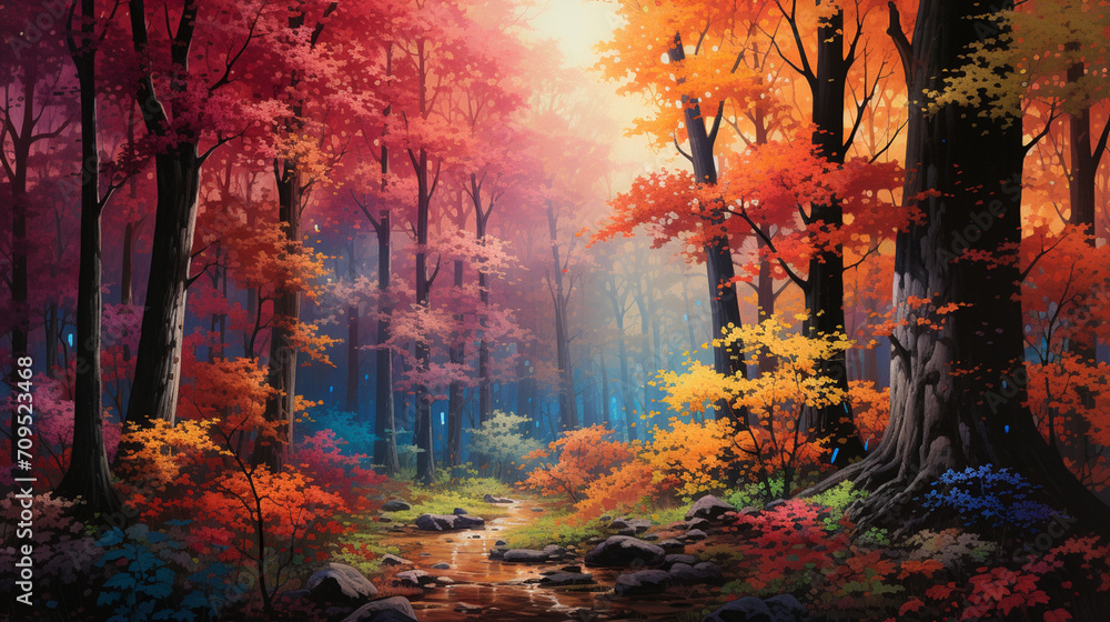 An image of a forest with trees that have luminous, colorful leaves.