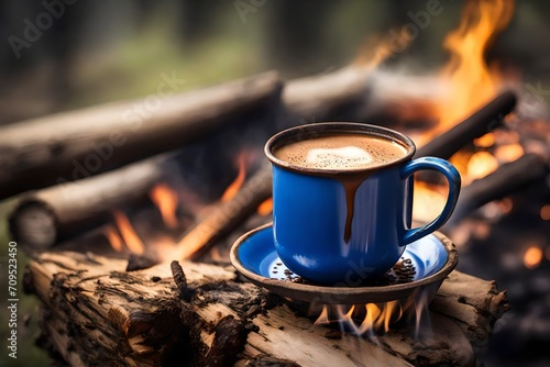 Blue enamel cup of steaming coffee sitting on an old log by an outdoor campfire. Extreme shallow depth of field with selective focus on mug