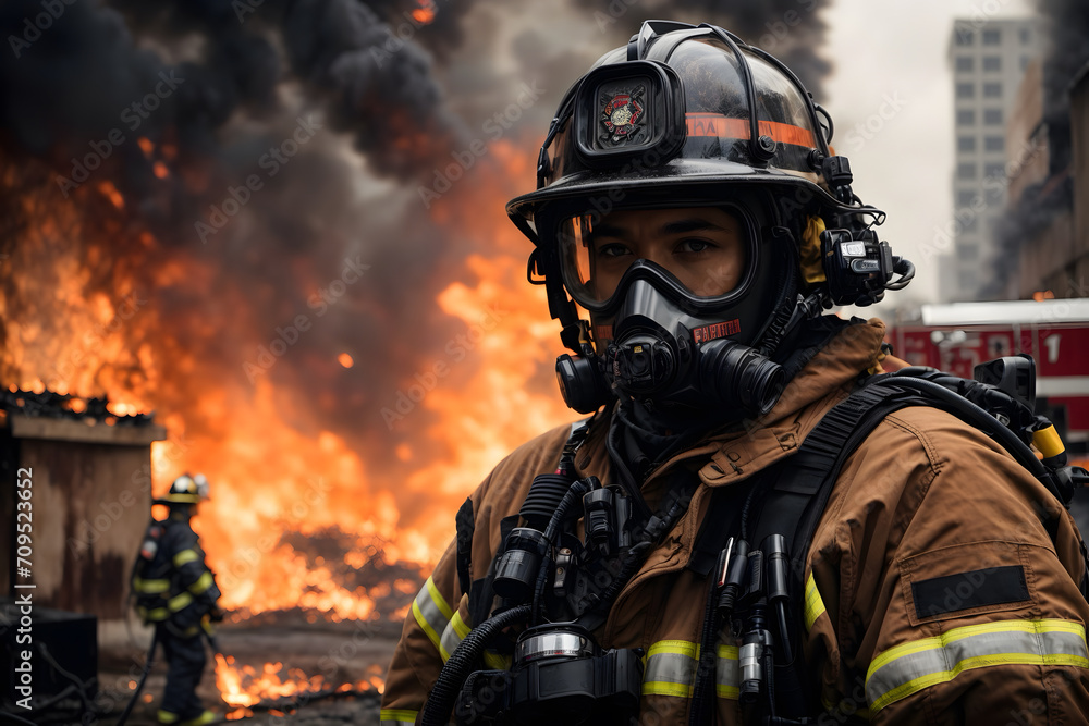 A portrait of a firefighter with his equipments A portrait of a firefighter with his equipments