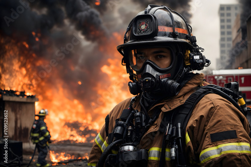 A portrait of a firefighter with his equipments