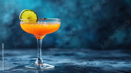  a close up of a drink in a wine glass with a lime slice on the rim and a blue background.