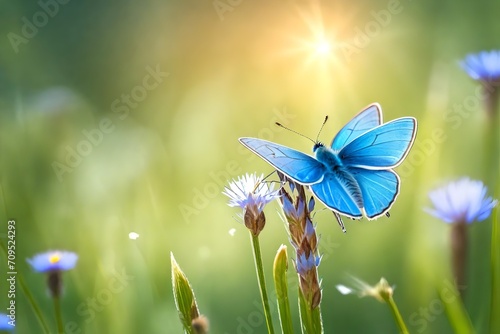 Little blue butterfly sitting on meadow in the sunshine close up