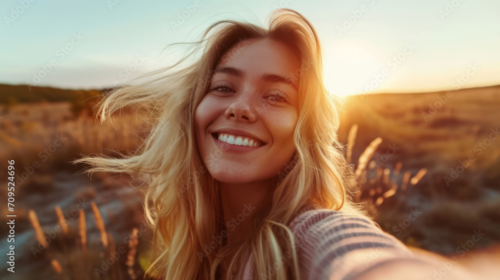Selfie picture of a young happy healthy blonde woman, smiling girl for motivation and wellness, peace and hope Selfie picture of a young happy healthy blonde woman, smiling girl for motivation and wellness, peace and hope
