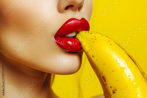 Sexy model woman with red lips make-up taking a bite from yellow banana with the fruit next to her beautiful face photo